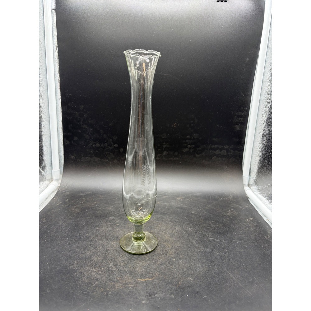 Vintage Etched Glass Bud Vase Scalloped Rim Green Pedestal Base 10 inch